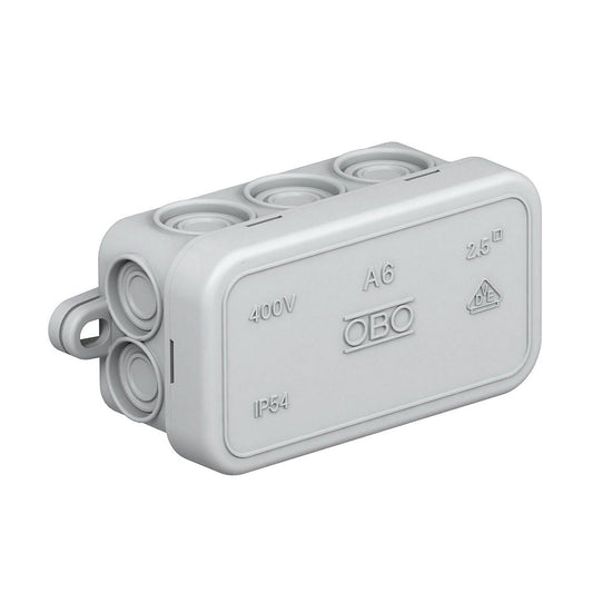 OBO junction box, PE, type A6, IP55, 400 V, 10 junction entries, 80 x 43 x 34 mm, light grey