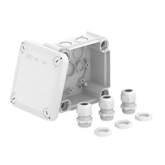 OBO junction box, PP, type T60 M20 NL,114x114x57 mm, IP67, 500V, with 3 glands and 3 nuts, grey